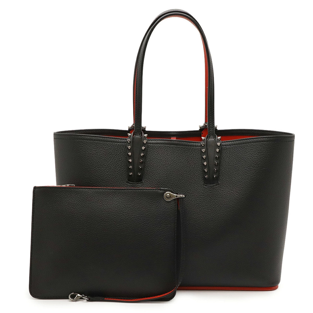 Christian Louboutin Cabata Tote Bag Shoulder Leather Studs Black Red Pouch
